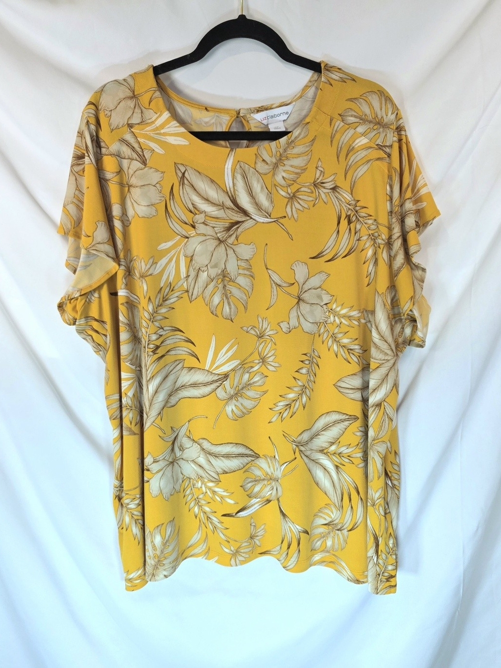 Liz Claiborne Botanical Blouse 2X Floral Flutter Sleeve Keyhole Boho Chic Drape
